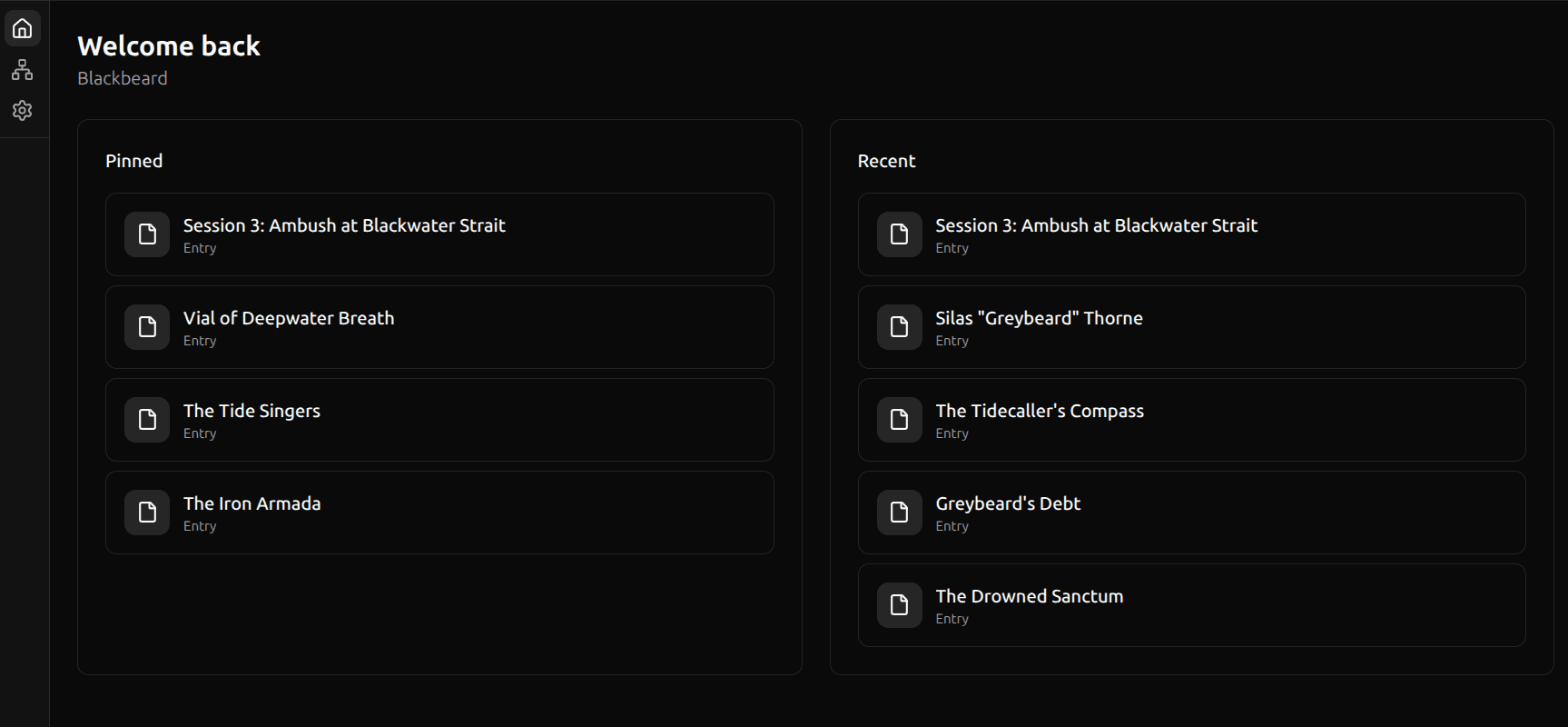 Dashboard showing Pinned and Recent sections with entry cards