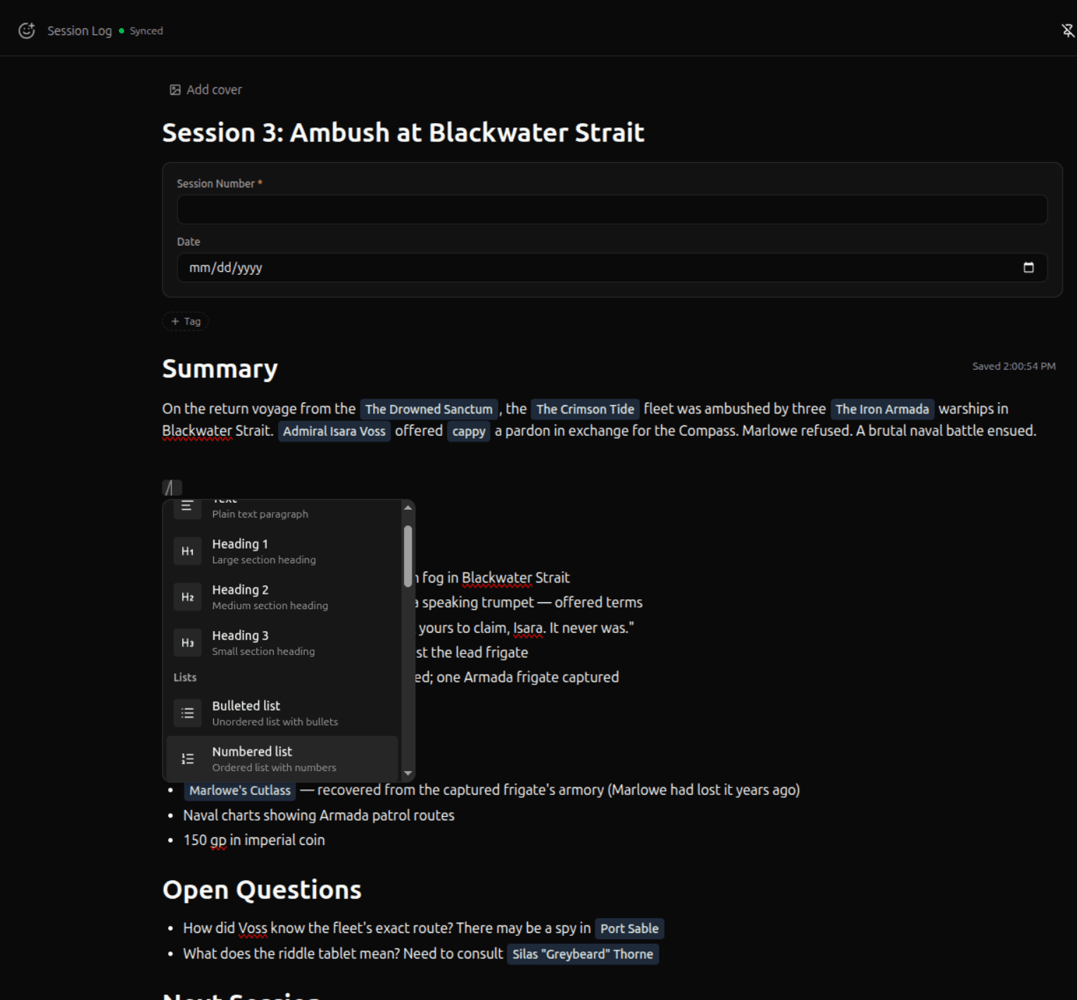 Editor showing an entry with headings, text, and the slash menu open