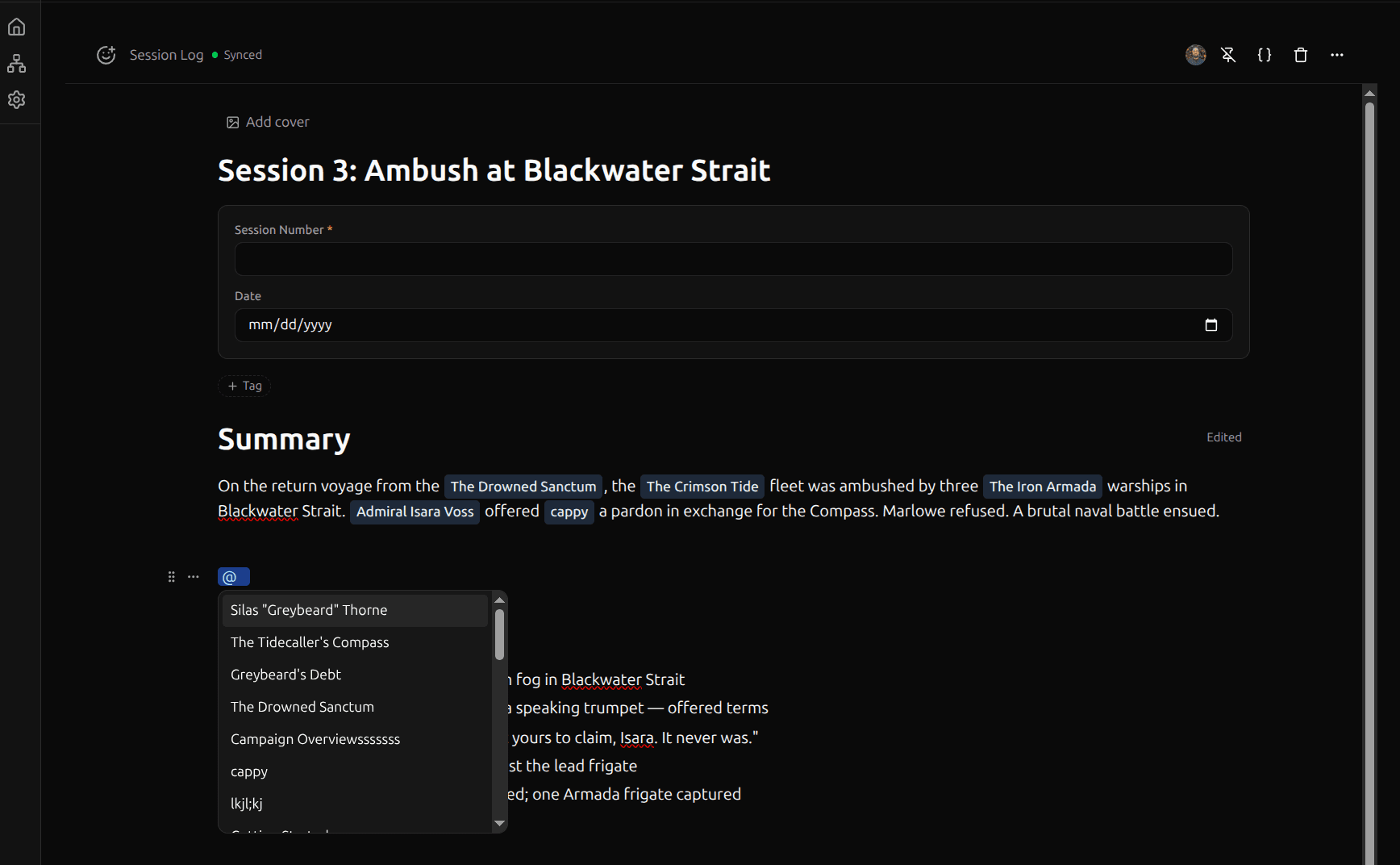 Mention dropdown showing entry search results