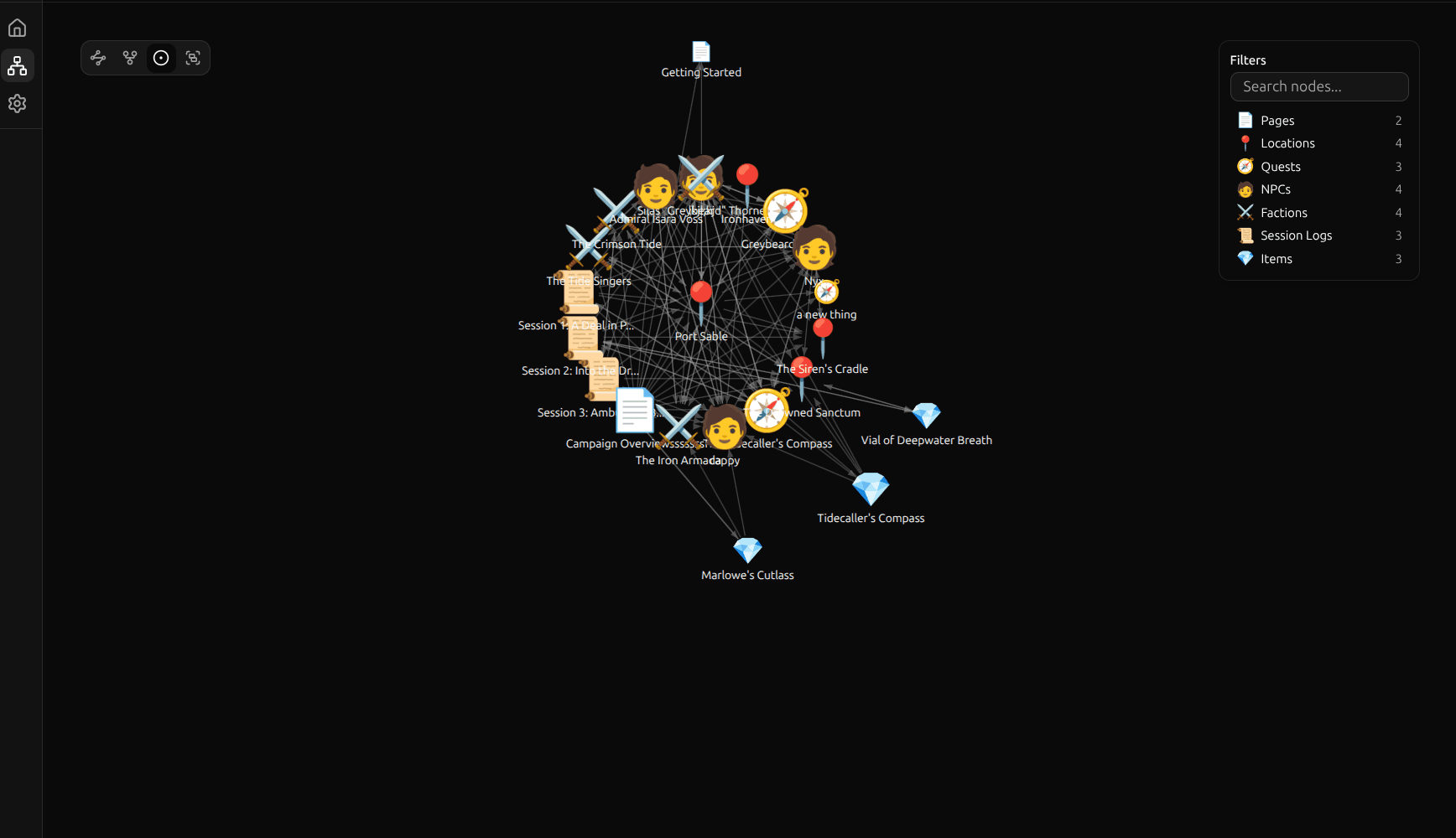 Graph view showing a force-directed layout with colored nodes connected by edges