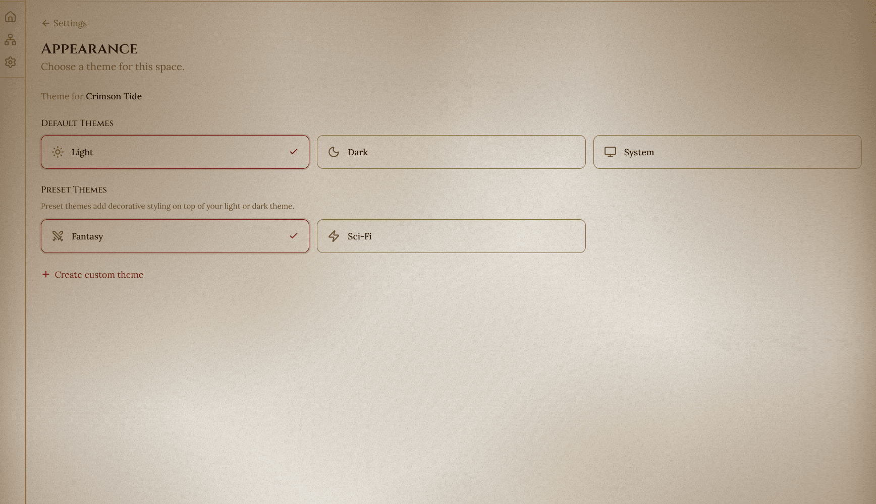 Appearance settings showing Mode and Style selection with Fantasy preset