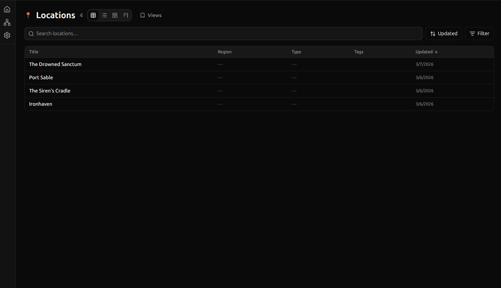 Template page showing entries in table view with view mode toggle